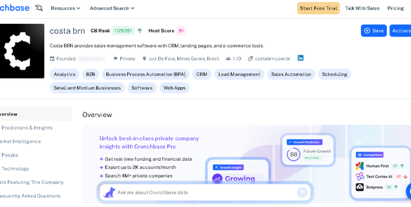 Visibilidade de Mercado: Costa BRN tem dados mapeados diretamente pela plataforma Crunchbase